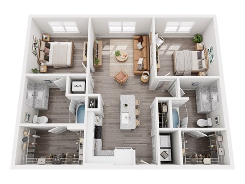 Floor plan for 2 beds, 2 baths, 1058 sqft